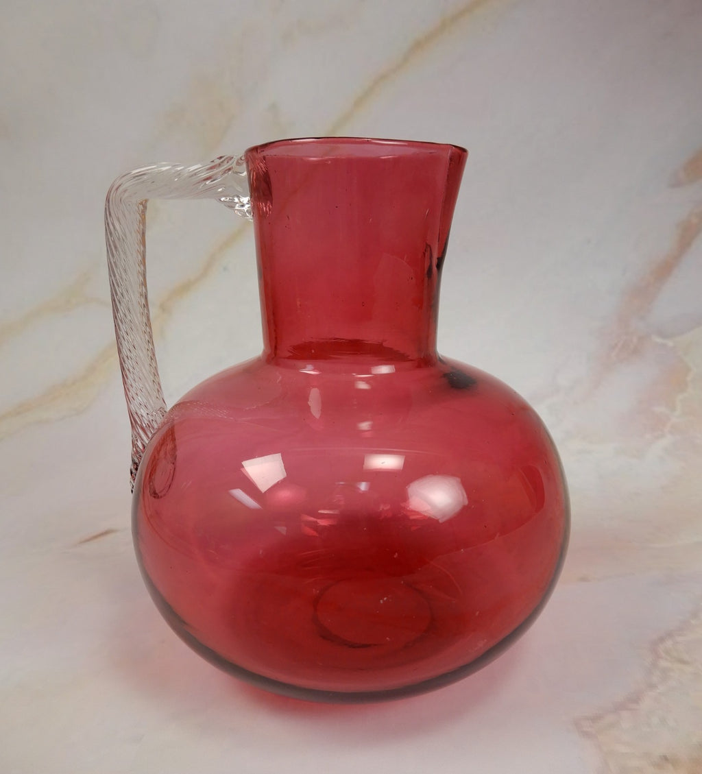 Victorian Twist Rope Blown Glass Handle Cranberry Glass Pitcher Jug
