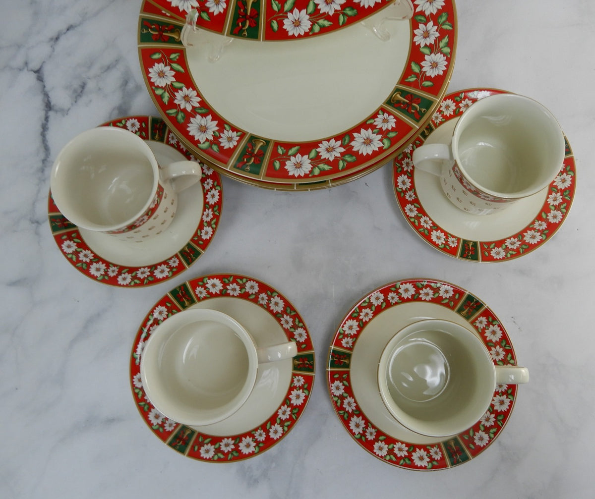 12 Pc Charlton Hall by Kobe Christmas 4 Dinner Plates, 4 Cups & 4 Saucers
