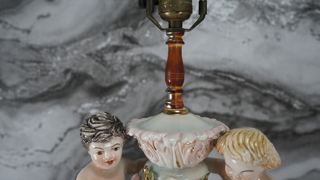 Vintage Porcelain Floral Capodimonte 3 way Light Italian Table Lamp w/Cherubs