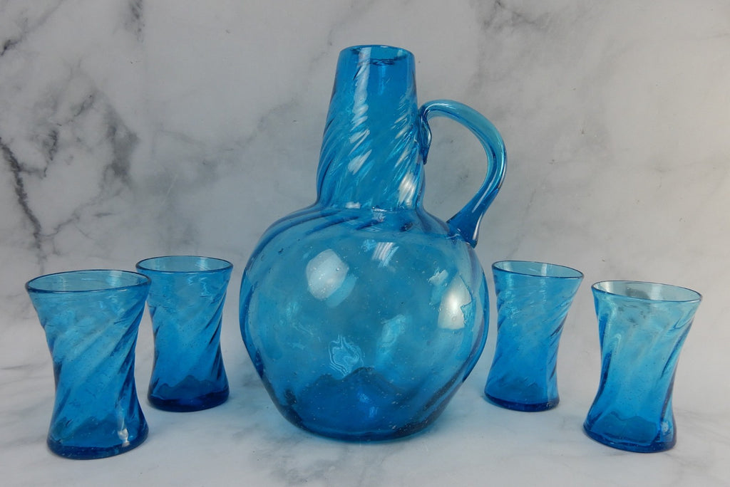 Vintage Avalos Mexican Tornillo Turquoise Hand Blown Pitcher and Four Glasses
