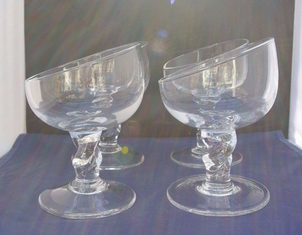(4) Unique Shape Hand Blown Clear Glass Ice Cream Sundae, Margarita Glasses