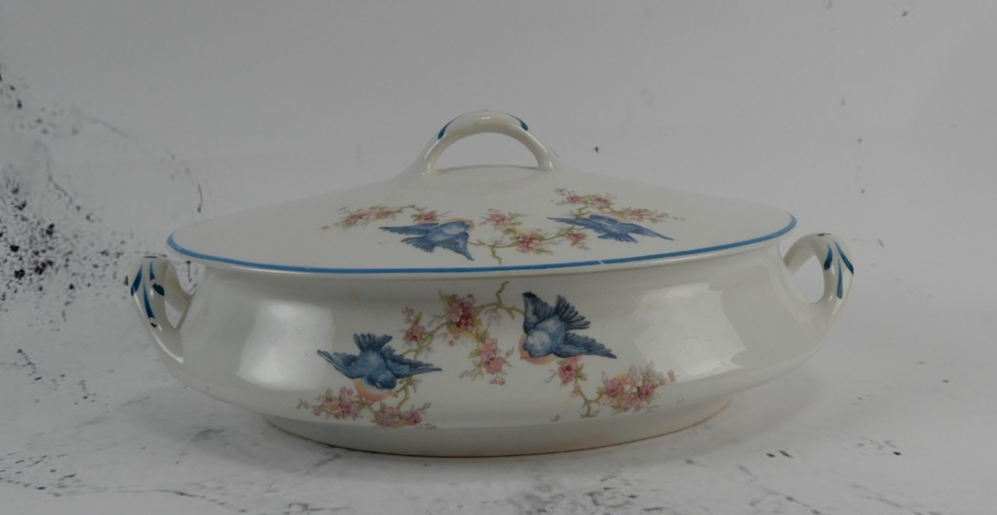 Vintage Homer Laughlin Blue Bird Decal Pattern Oval Covered Casserole ca. 1930