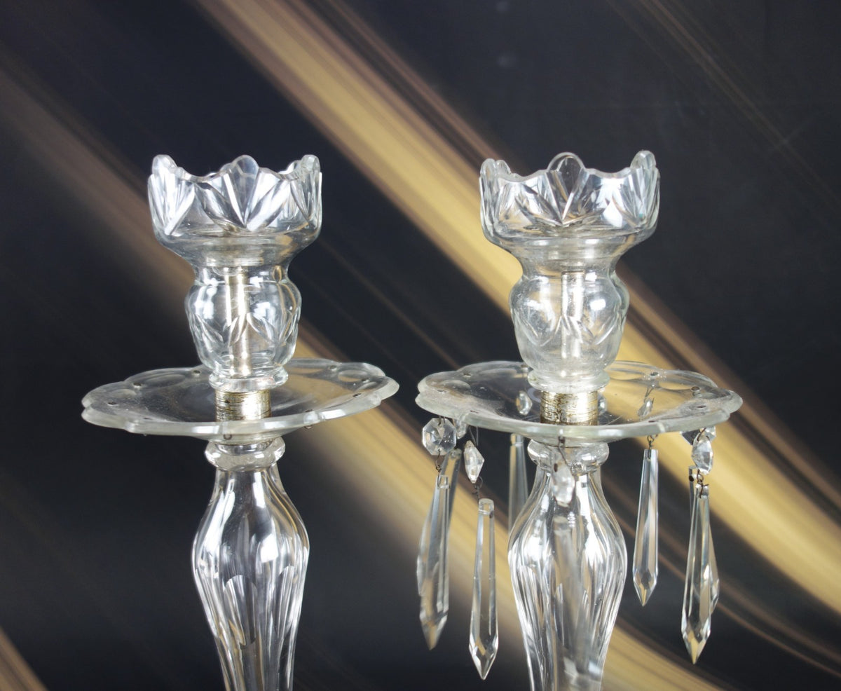 2 Glass Table Lamps /Candle Holders One W/ Hanging Crystals For parts or Repair