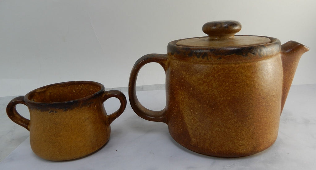 McCoy Pottery Canyon Mesa Double Handle Soup Bowl and Teapot Brown Stoneware