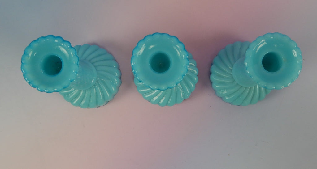 3 Small Portieux Vallerysthal Opaline Blue Milk Glass Candle Holders 3-1/2" H