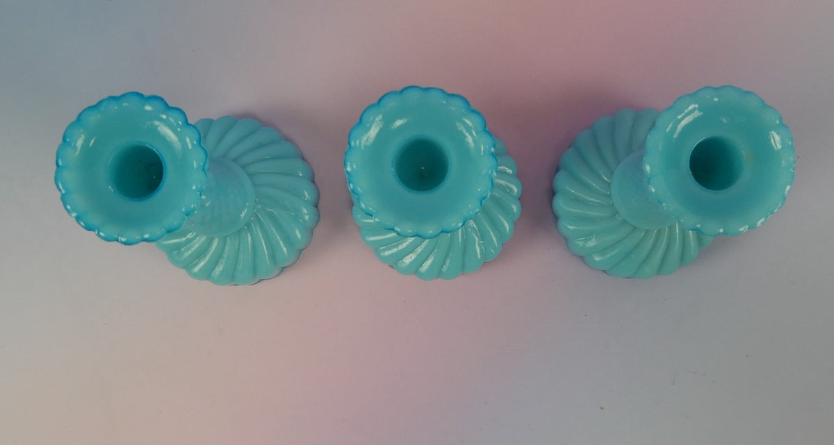 3 Small Portieux Vallerysthal Opaline Blue Milk Glass Candle Holders 3-1/2" H