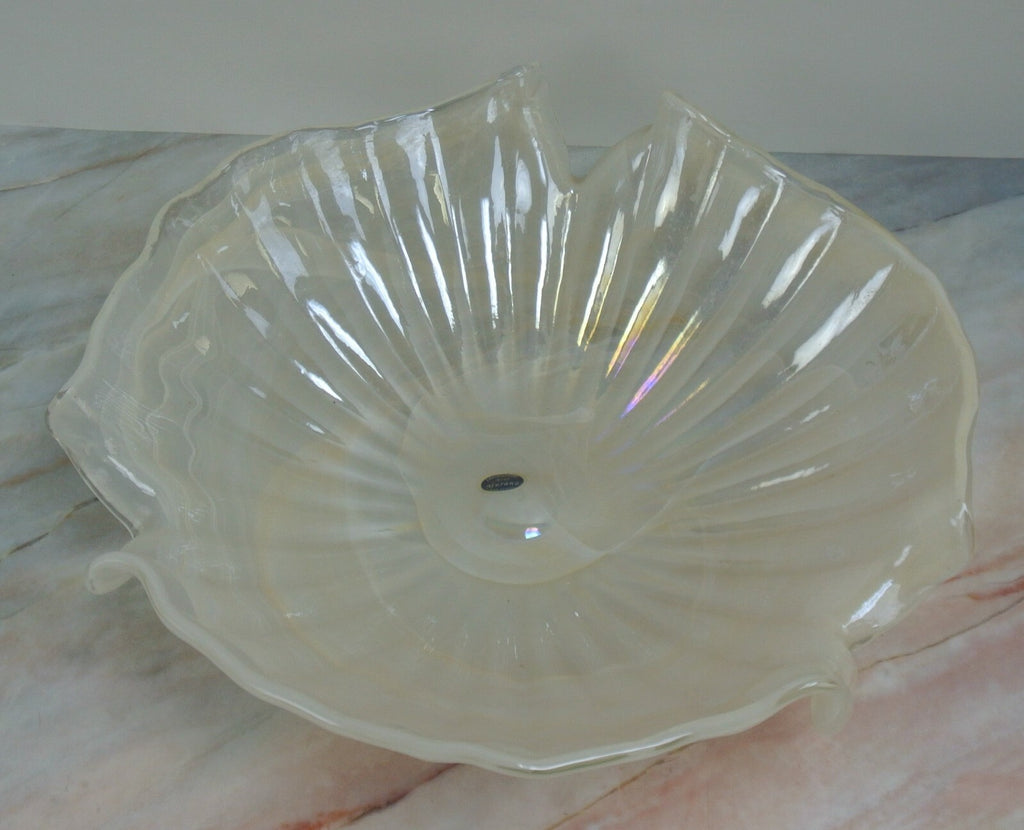 Pearl White Color Lavorazione Arte Murano Hand Blown Iridescent Center Bowl 16"