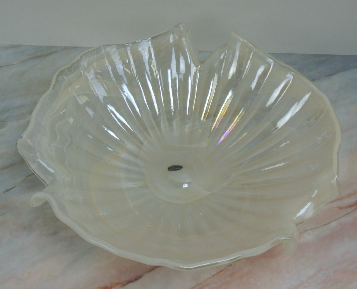 Pearl White Color Lavorazione Arte Murano Hand Blown Iridescent Center Bowl 16"