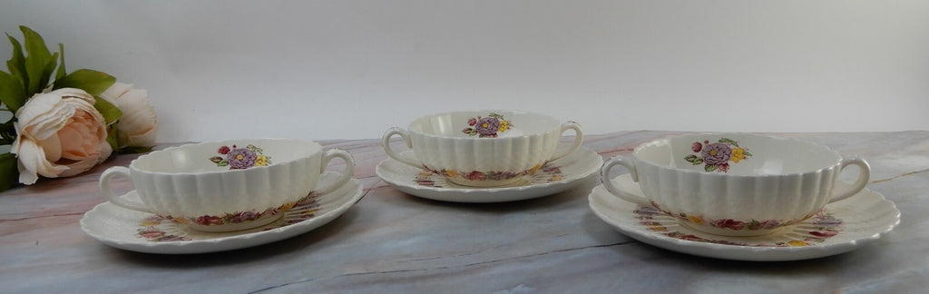 Vtg Copeland Spode "Rose Briar" Set of 3 Cream Soups and Saucers Made In England