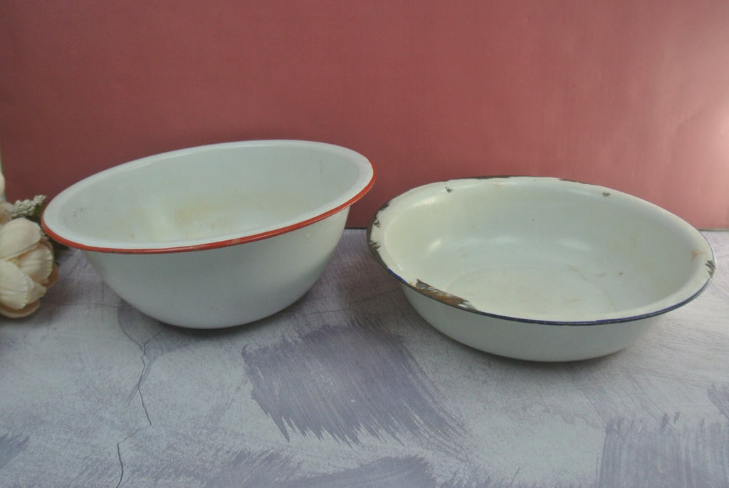 Pair Of Vintage Vintage White Black and Red Trimmed Enamelware As Is