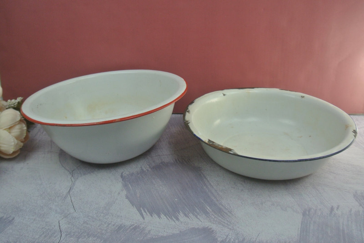 Pair Of Vintage Vintage White Black and Red Trimmed Enamelware As Is