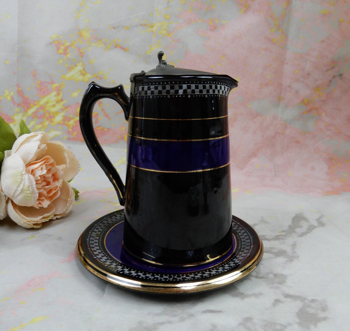 Vintage Ceramic Syrup Pitcher  with Metal Lid and Underplate
