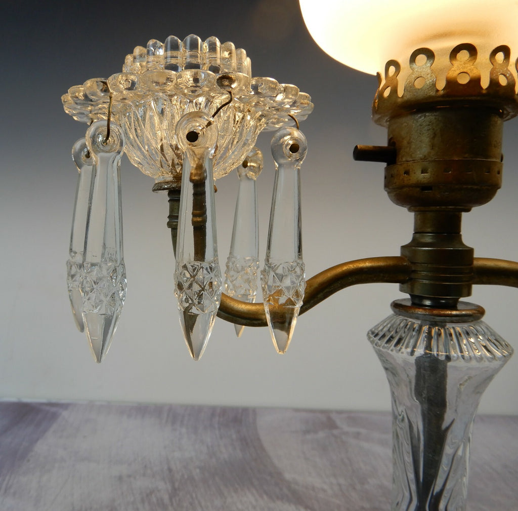 Vintage Two Arm Candle Holder Electric Table Lamp With Hanging Crystals B