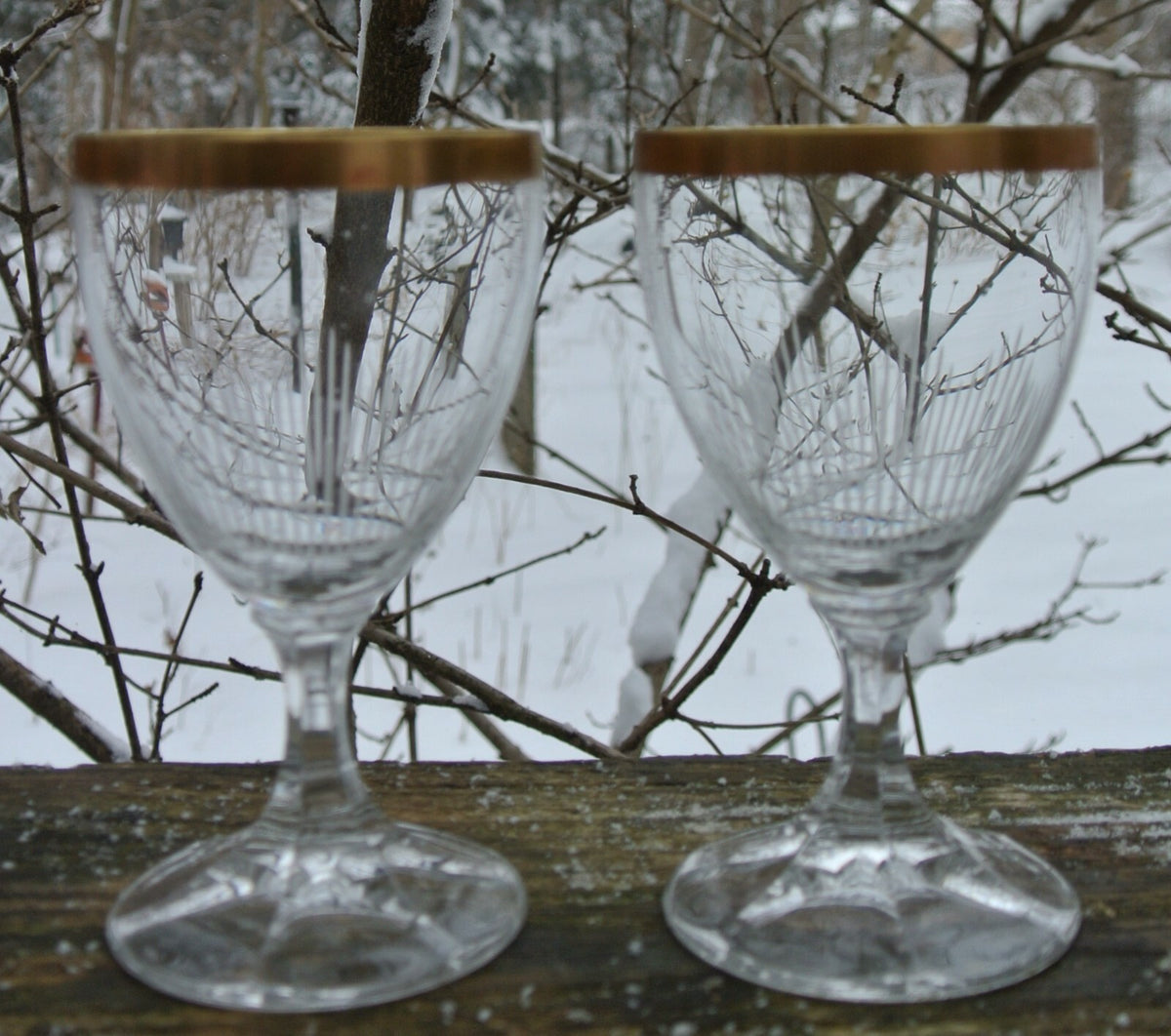 Set of 5 Elegant Cordial Clear Etched with Gold Rim Glasses