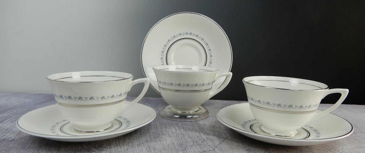 Vintage Set of  3 Cups and Saucers TIARA Royal Doulton Fine Bone China Platinum