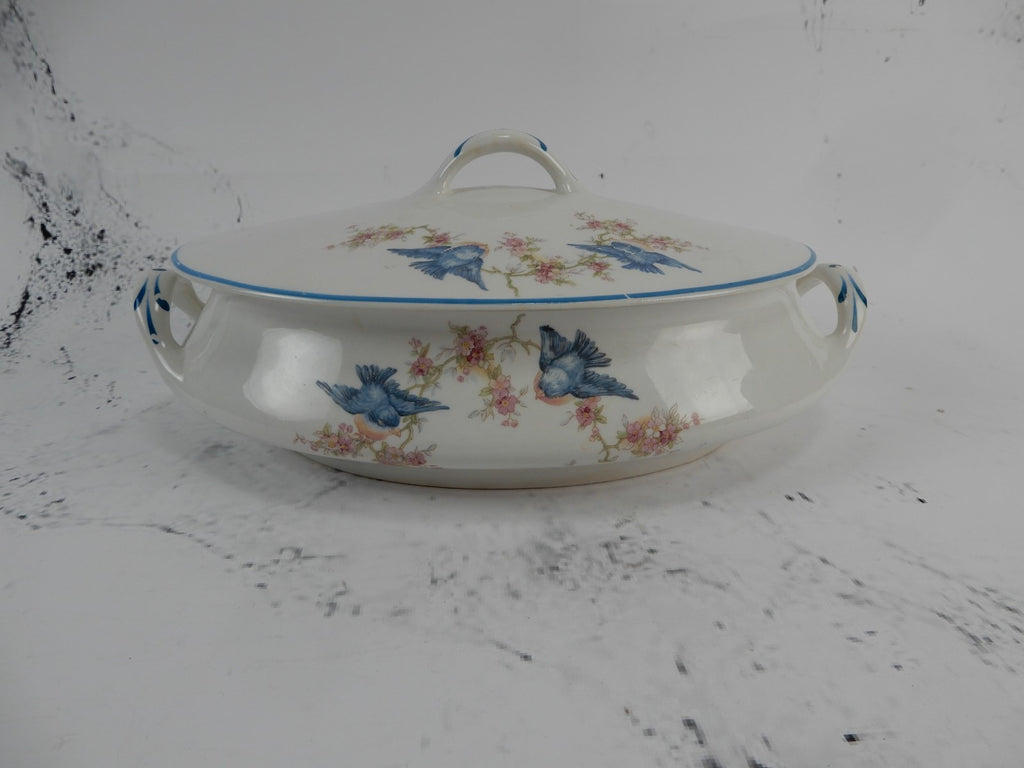 Vintage Homer Laughlin Blue Bird Decal Pattern Oval Covered Casserole ca. 1930
