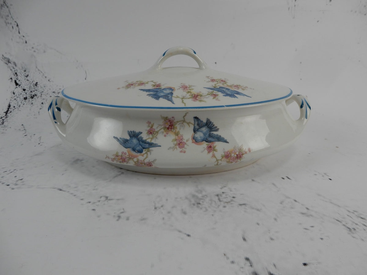 Vintage Homer Laughlin Blue Bird Decal Pattern Oval Covered Casserole ca. 1930