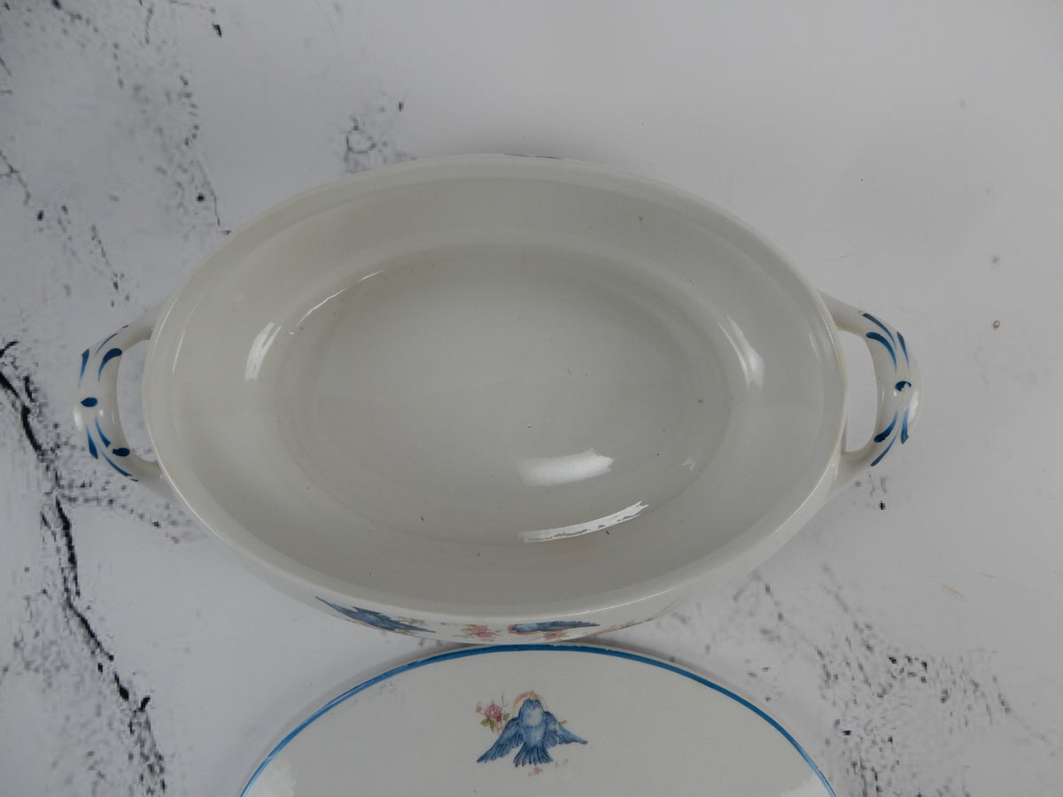 Vintage Homer Laughlin Blue Bird Decal Pattern Oval Covered Casserole ca. 1930