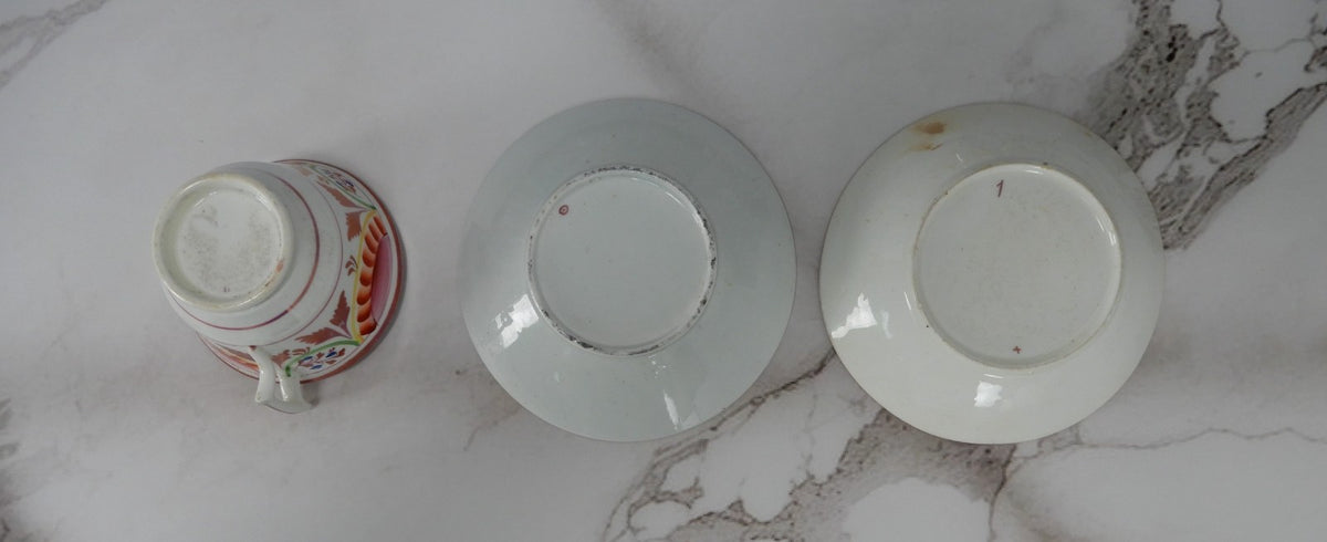 ~1800s Staffordshire Pink Luster Cup and Saucer With Orphan Saucer