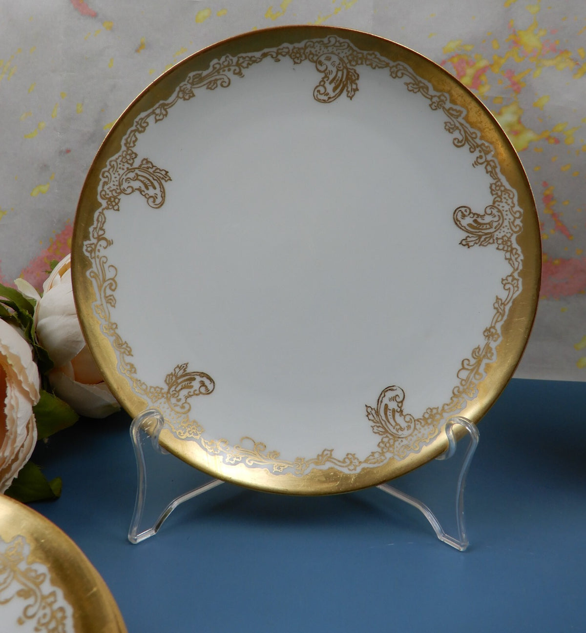 Antique Haviland France Gold Rim Cake Plate and 6 Dessert Plates