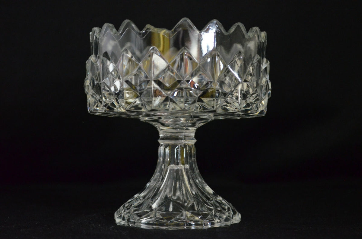 Gillinder Pressed Glass Lidded Pedestal Compote Diamond Design Sawtooth