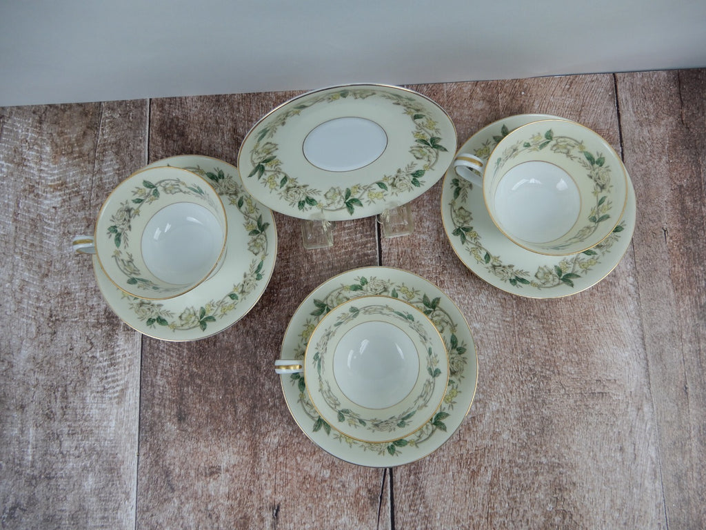 Vintage Noritake Morimura 5020 White Rose and Leaf Set of 3 Cups and Saucers