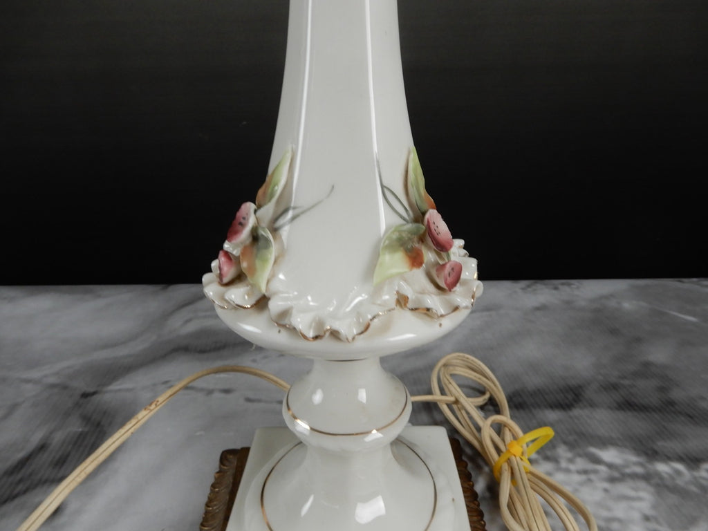 Vintage Porcelain Boudoir Table 3-Way Lamp with Applied Flowers 27" Tall
