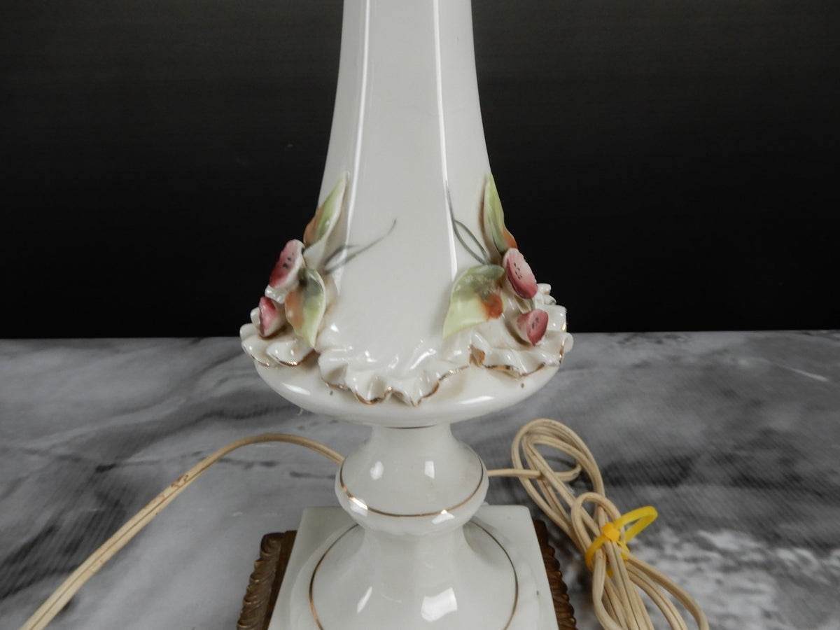 Vintage Porcelain Boudoir Table 3-Way Lamp with Applied Flowers 27" Tall