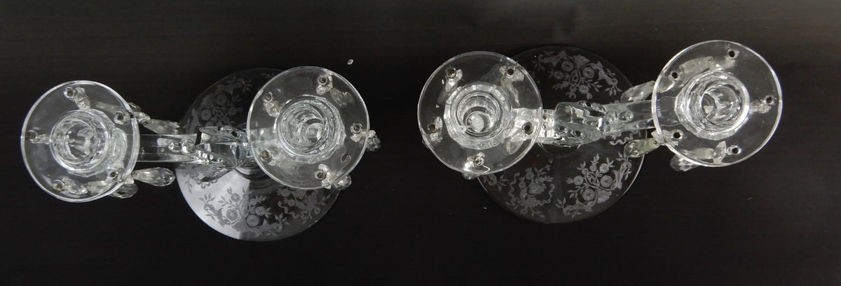 2 Pc. Double Light Candlestick Light Candelabras Fern Pat. Etched Base &Bobeches
