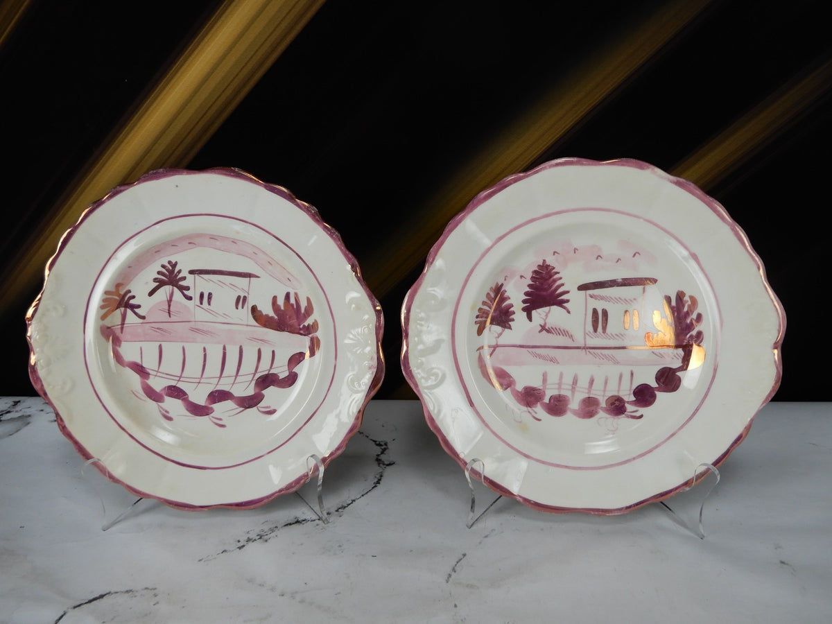 Antique Staffordshire Pink Luster Pearlware Embossed Handled Plates