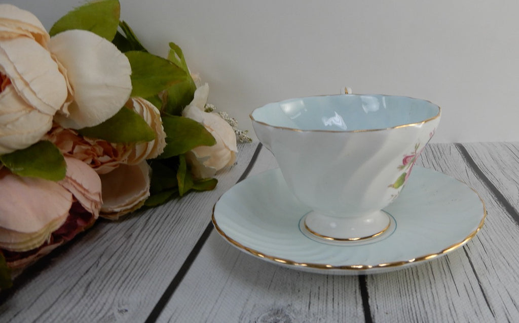 Vintage Aynsley Fine Bone China England w/ Rose Baby Blue Tea Cup & Saucer