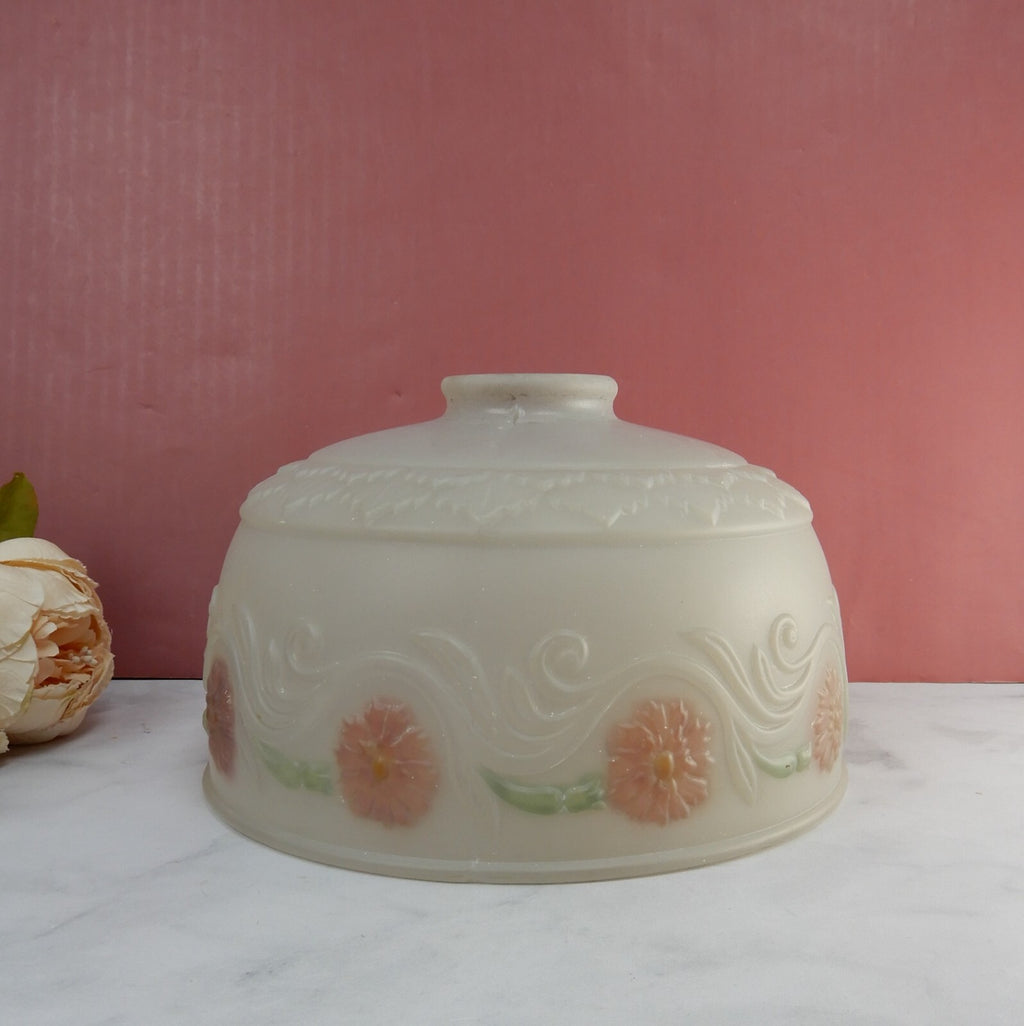 Vintage Frosted Glass Lamp Shade Reverse Painted Pink Flowers 4-7/8" Tall