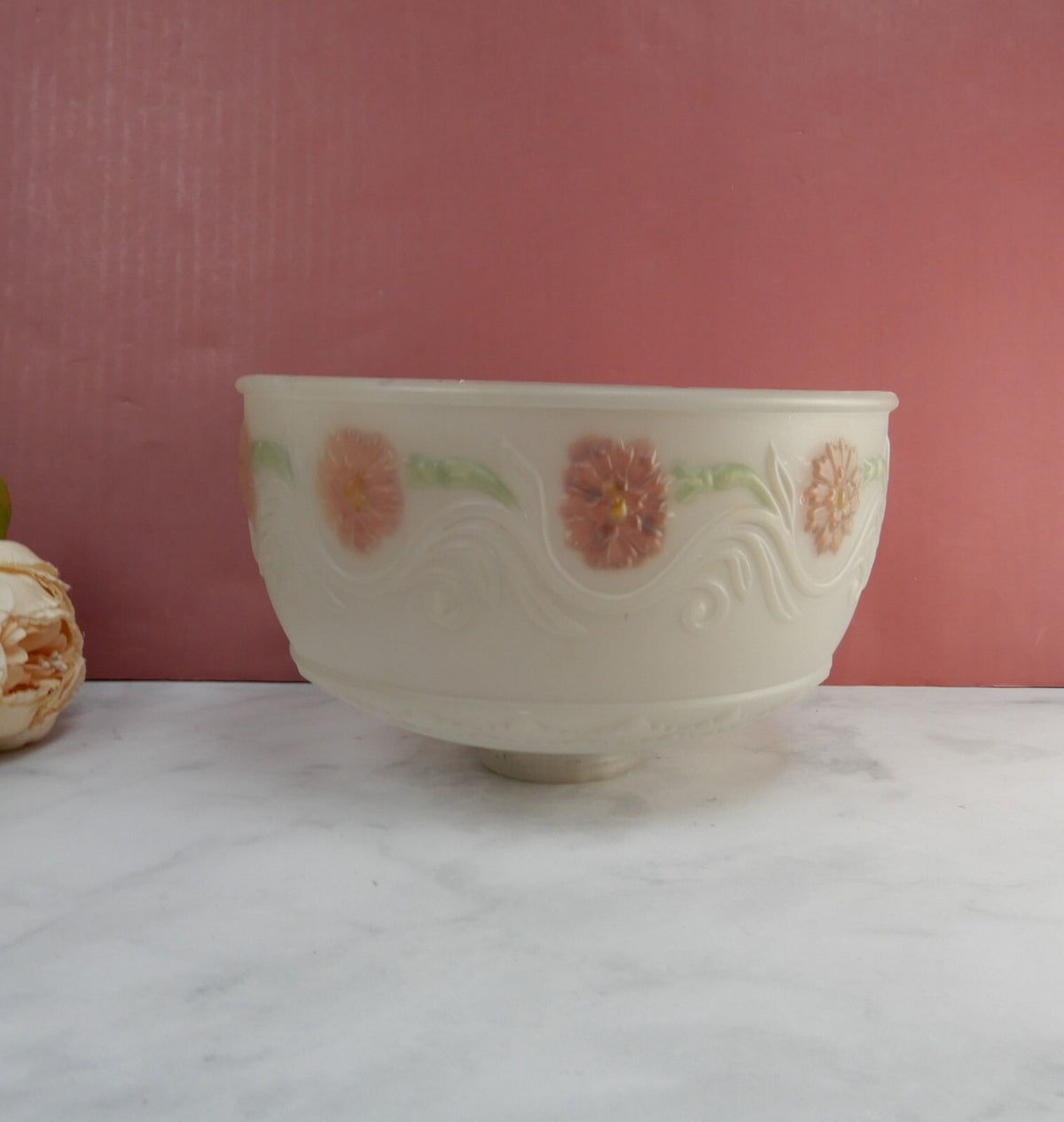 Vintage Frosted Glass Lamp Shade Reverse Painted Pink Flowers 4-7/8" Tall