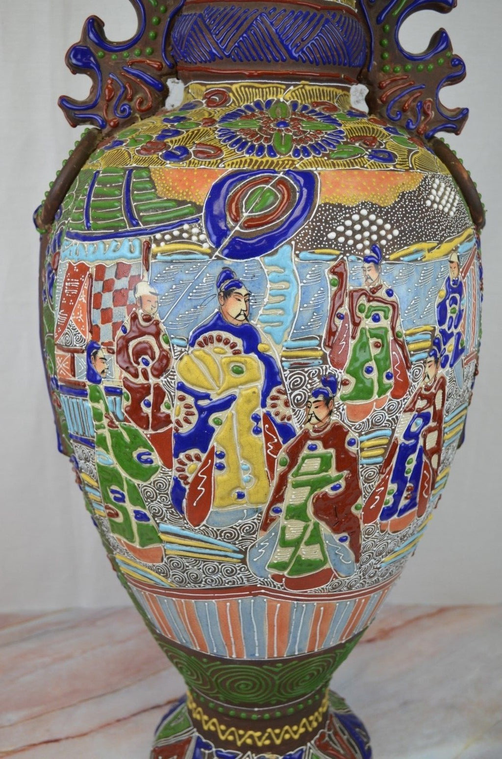 Antique c. Meiji Japanese Moriage Satsuma Detail Handpainted Vase,25" Tall