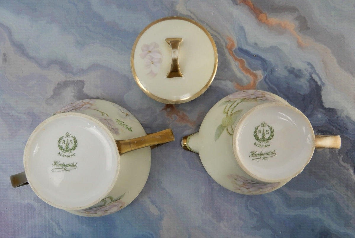 RS Germany Hand Painted Porcelain Sugar Bowl and Creamer Signed By The Artist