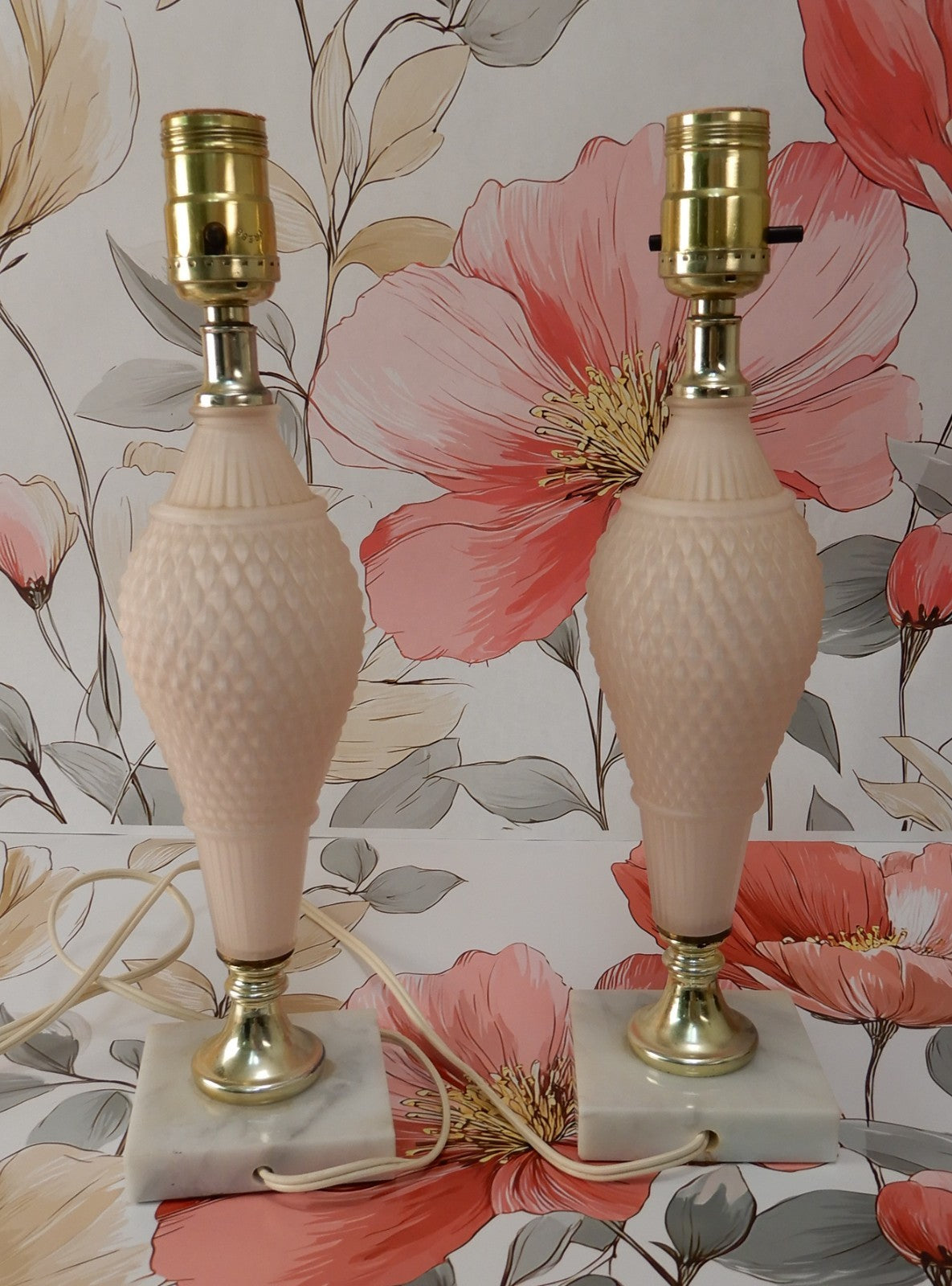 Pair of Pink Frosted Glass Quilted Pattern Table Lamps With Marble Base