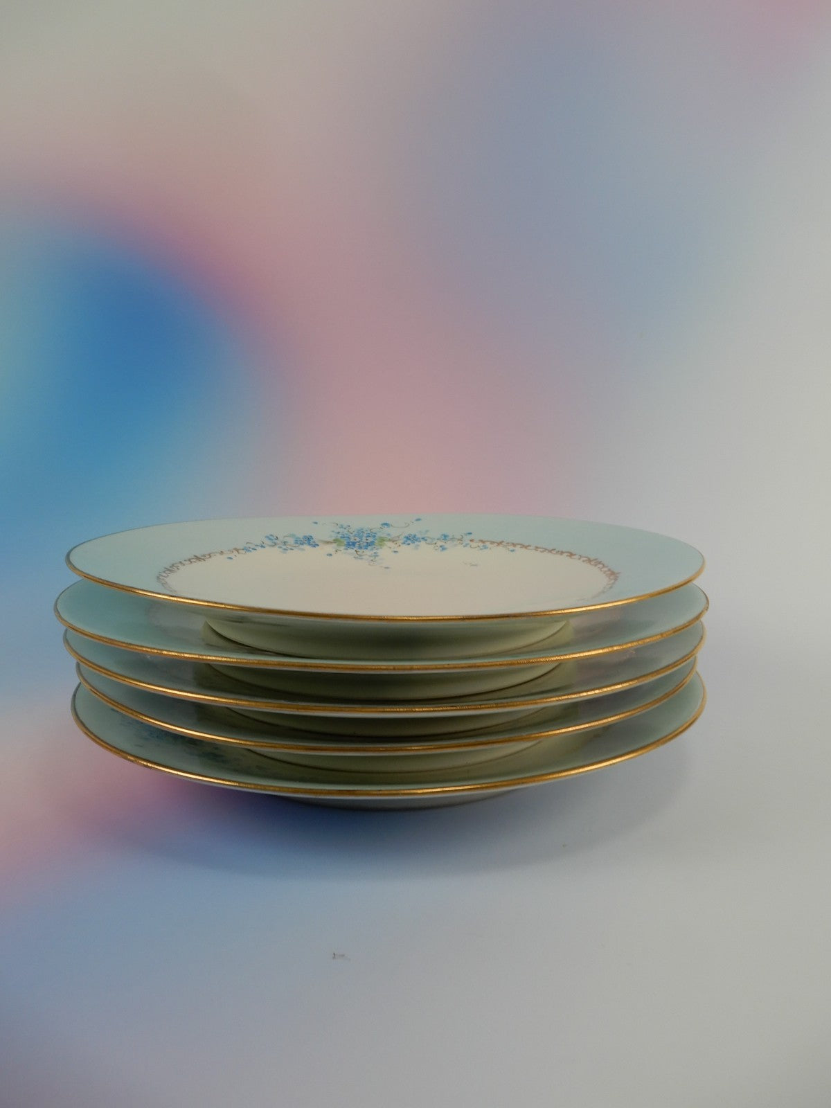 J.P. L. France Blue Forget Me Not Hand Painted Set of Five 9" Luncheon Plates