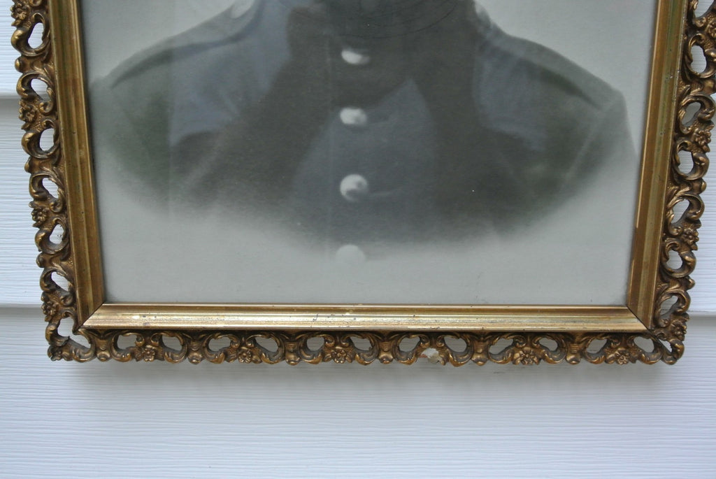 Vintage Antique Black and White Photo Print of Young Man In Meta Frame. Military