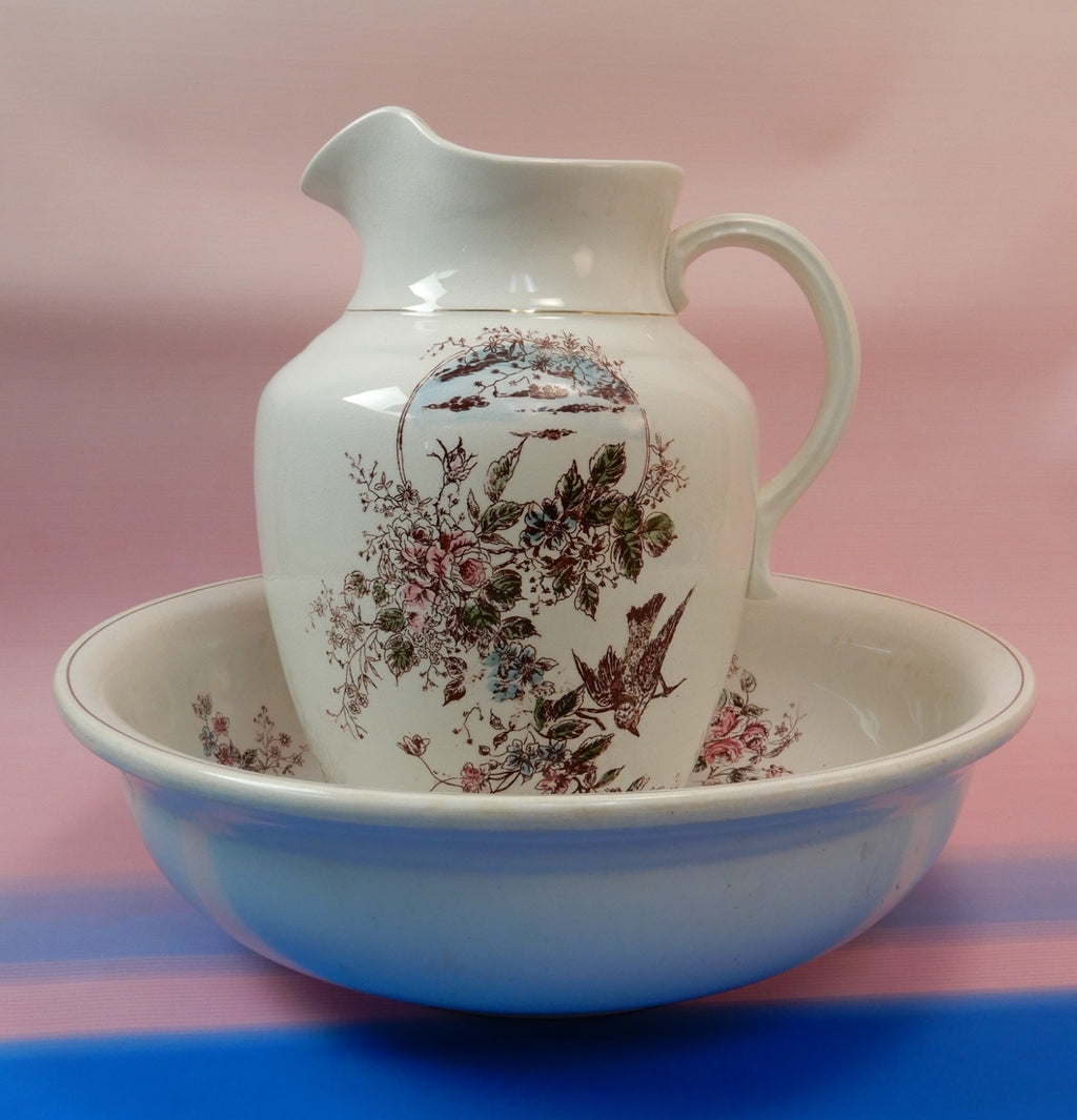 Antique The wick Company Transerware Ironstone Pottery Wash Bowl and Pitcher Set