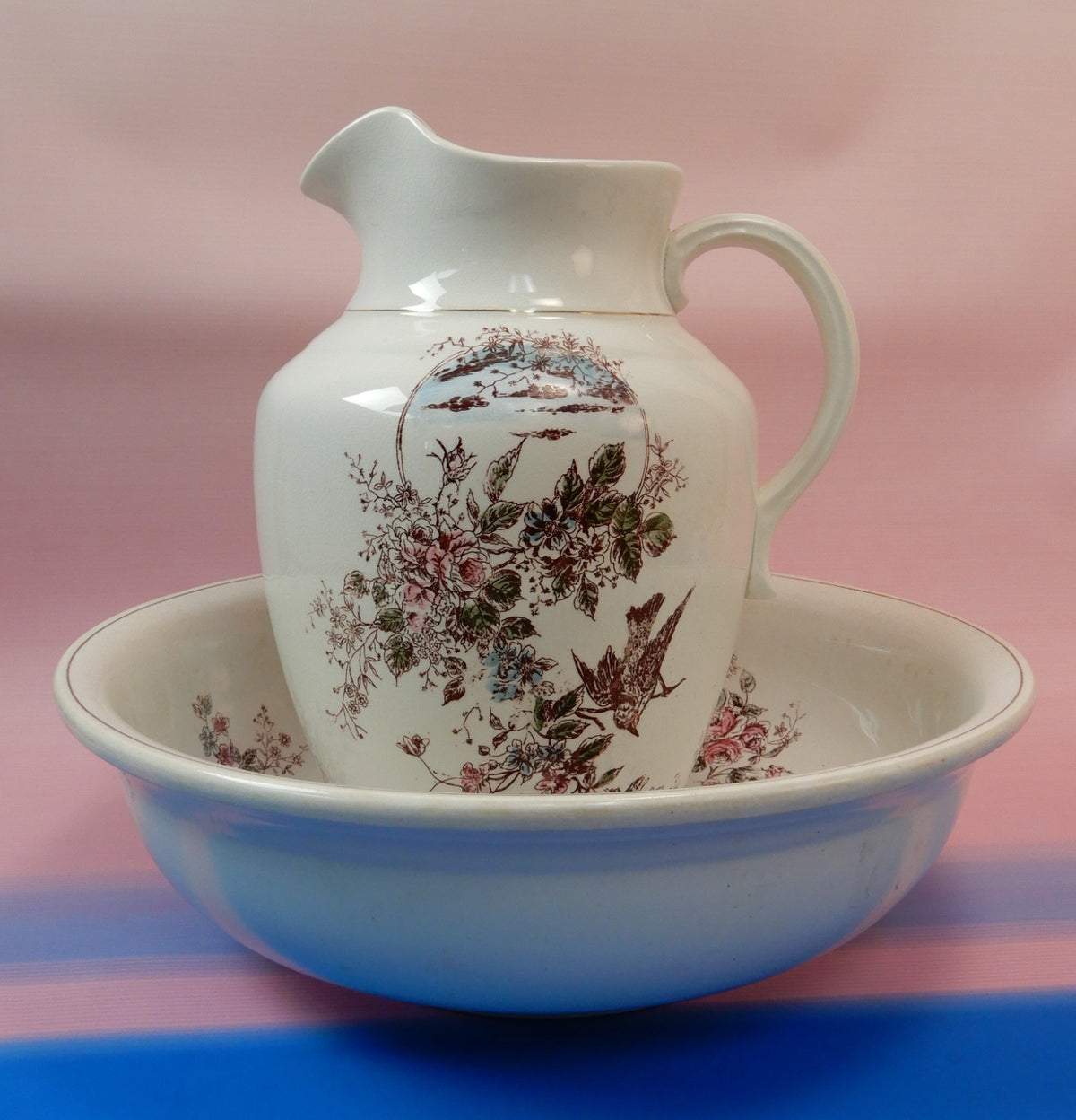 Antique The wick Company Transerware Ironstone Pottery Wash Bowl and Pitcher Set