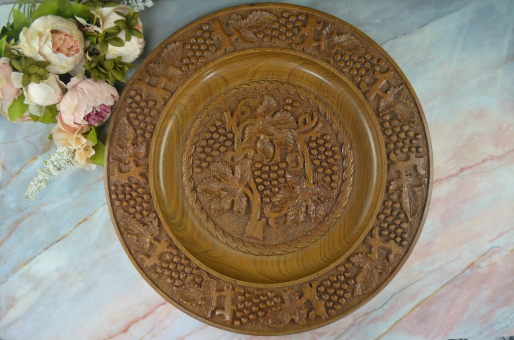 Vintage Large 19" Hand-Carved, Brown Wood Plate with Grape Vines/ Wall Art Decor