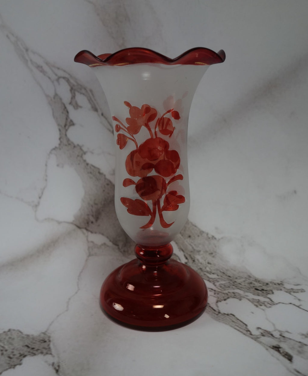 Vintage Bohemian Czech Ruby Red flashed Hand Blown Art Glass 7-1/2” Vase