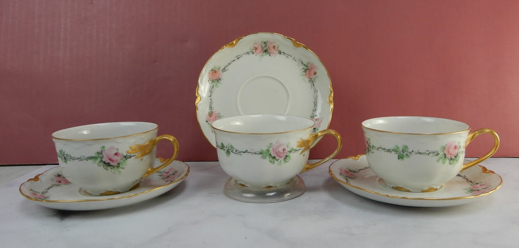 Set of 3 Hutschenreuther Selb Bavaria Cups and Saucers with  Pink Roses