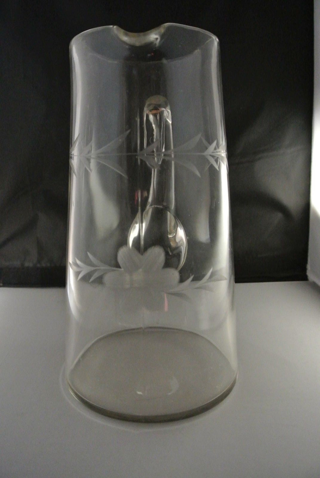 Vintage 1980 Pitcher ~ Cut Glass Etched Flowers & Leaves