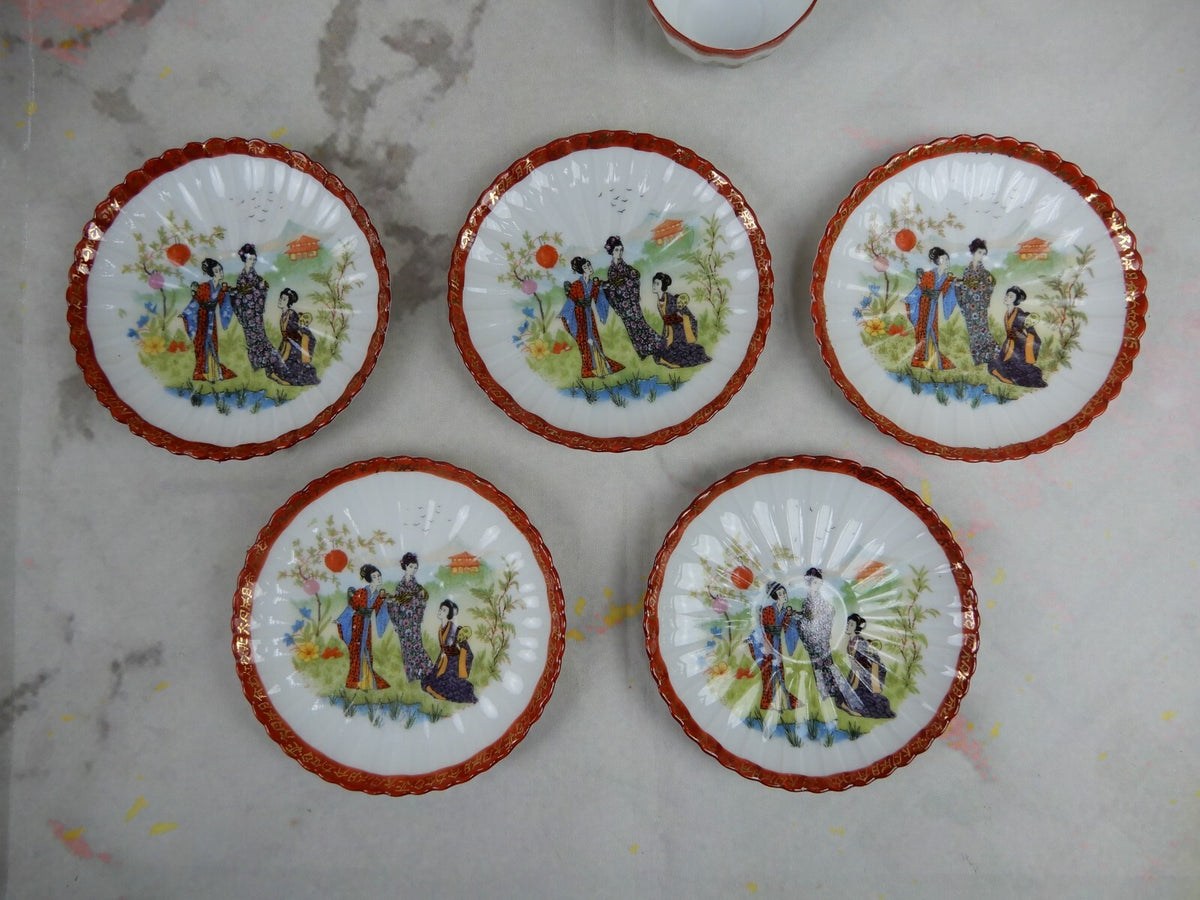 Vintage Children's Pot,Sugar Bowl,Creamer,5 Cups and Saucers w/ Geishas Red Mark