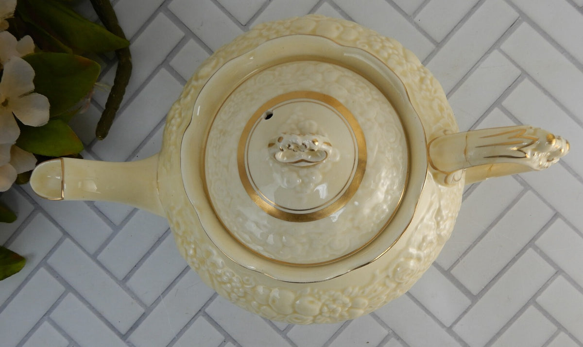 Crown Ducal Gold Gild Band Florentine Sand Cream Teapot with Fixed Handle As Is
