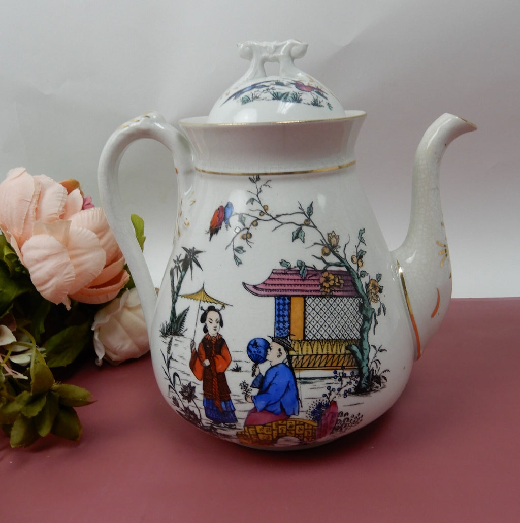 Antique Crazed and Stain White Ironstone Transferware Coffee Pot