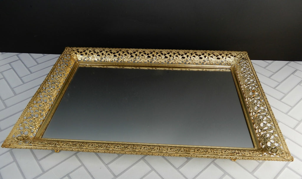Vintage Mirrored Vanity Tray Filigree Brass Edge 16-1/2"
