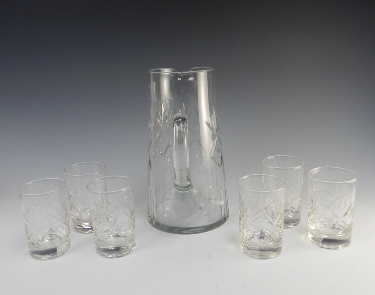 Vintage Clear Glass Set of Pitcher and 6 Juice Glasses