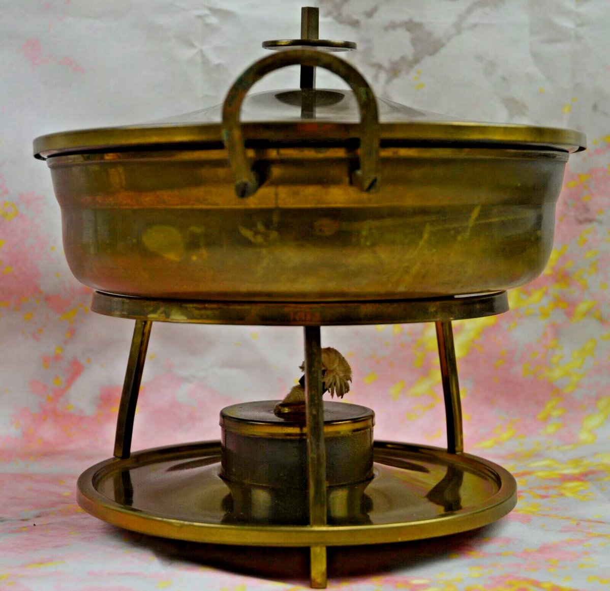 Vtge Brass Chafing Dish Buffet Three-legged Stand Warmer w/ PYREX  Insert